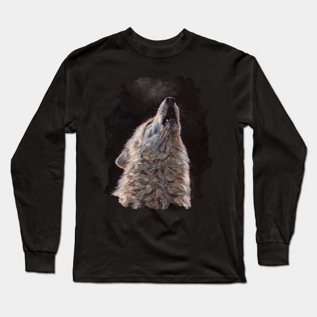 White Wolf Howling Long Sleeve T-Shirt by davidstribblingwildlifeart